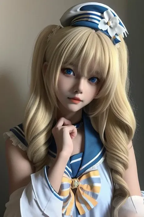 high quality,realistic,1girl,long hair,looking at viewer,<lora:Babara:0.7> babara_in_swimsuit, blonde hair, sailor collar, sailor hat, blue eyes