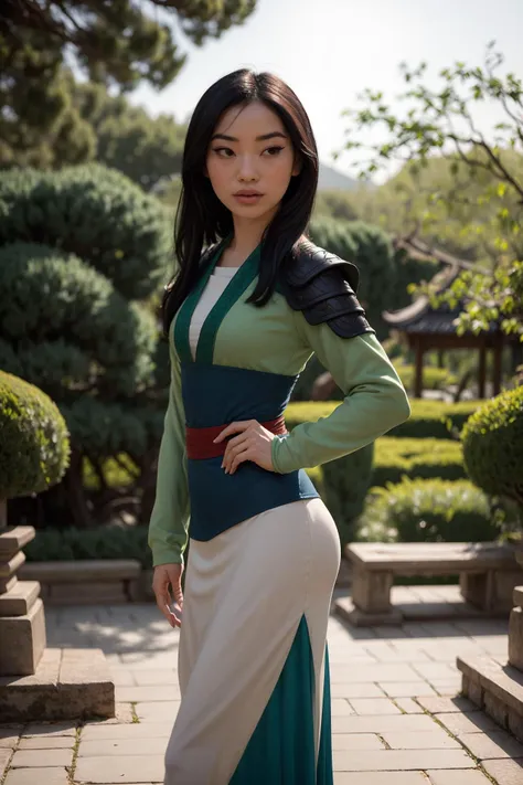 photo of Mulan, a beautiful woman, (skinny:1.2), fit, perfect skin, detailed hair, detailed face, beautiful eyes,
((sexy green heavy Tang lamellar armor)),
(blurred Suzhou garden background, scenic), (standing sexy pose), (view of front),
erotic, elegant, sensual, seductive, (masterpiece, best quality), (photorealistic:1.4), full body, perfect illumination, (best shadow),
mulanwaifu, <lora:Mulan_character:0.7>