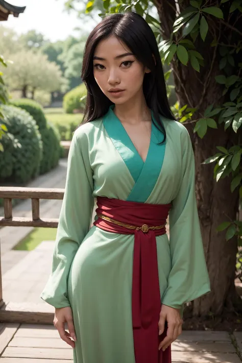 photo of Fa Mulan, a beautiful woman, (skinny:1.2), fit, perfect skin, detailed hair, detailed face, beautiful eyes,
((long sleeves, green dress, red sash)),
(blurred Suzhou garden background, scenic), (standing sexy pose), (view of front),
erotic, elegant, sensual, seductive, (masterpiece, best quality), (photorealistic:1.4), full body, perfect illumination, (best shadow),
(mulanwaifu, japanese clothes, kimono:1.2), <lora:Mulan_character:0.7>