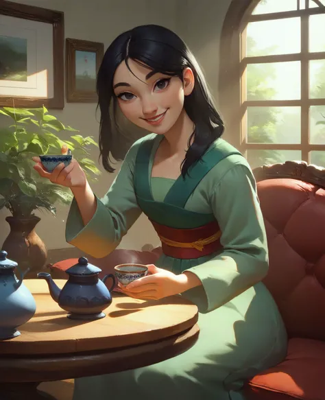 zPDXL, woman, 
MulanXLP, black hair, black eyes, green dress, long sleeves, red sash, looking at viewer, smiling, sitting, inside living room, holding tea cup, table, soft lighting, 
 <lora:MulanXLP_character:.9> <lora:Concept Art Twilight Style SDXL_LoRA_Pony Diffusion V6 XL:1>