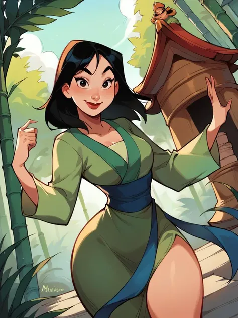 score_9, score_8_up, score_7_up, score_6_up, MulanXLP, smile, long sleeves, green dress, sash, medium breasts, narrow waist, wide hips, thick thighs, looking at viewer, cowboy shot, cartoon, dynamic pose, smile, cute, wide shot, solo, chinese temple, bamboo forest,disney, dutch angle, 
 <lora:MulanXLP_character:1>