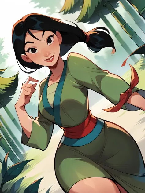 score_9, score_8_up, score_7_up, score_6_up, MulanXLP, smile, long sleeves, green dress, red sash, medium breasts, narrow waist, wide hips, thick thighs, looking at viewer, cowboy shot, cartoon, dynamic pose, smile, cute, wide shot, solo, chinese temple, bamboo forest,disney, dutch angle, 
 <lora:MulanXLP_character:1>