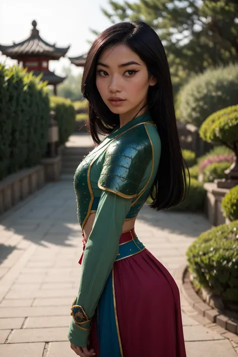 photo of Mulan, a beautiful woman, (skinny:1.2), fit, perfect skin, detailed hair, detailed face, beautiful eyes,
((sexy green heavy Tang lamellar armor)),
(blurred Suzhou garden background, scenic), (standing sexy pose), (view of front),
erotic, elegant, sensual, seductive, (masterpiece, best quality), (photorealistic:1.4), full body, perfect illumination, (best shadow),
mulanwaifu, <lora:Mulan_character:0.7>