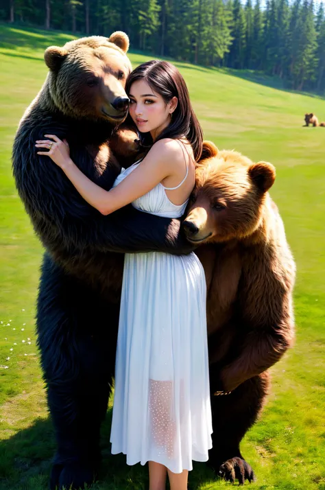 (sandwiched:1.1), multiple animal, 2 bear, 1girl, animal sandwich, a bear, a grizzly bear, hetero, threesome, (Arabian:1.2), tanned skin, swarthy, dark straight hair, brown eyes, white sundress, thin material, white polka dot sundress, a young woman between bears, bear and a Arabian woman, bears hugging a girl from both sides, size difference, height difference, spring, green lawn, rolling hills, detailed character design, Resolution: 4k, best quality, masterpiece, high resolution, <lora:AddDetail:0.6>, <lora:sandwiched_v1.1:0.75>