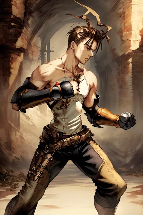 masterpiece,best quality, Riot_Ashley, VagrantStory, 1boy, hair slicked back,antenna hair, bare shoulders, brown pants, white shirt, dynamic pose, gauntlets, fighting stance, intricate background, in a dungeon,<lora:Riot_VagrantStoryV1:0.9>