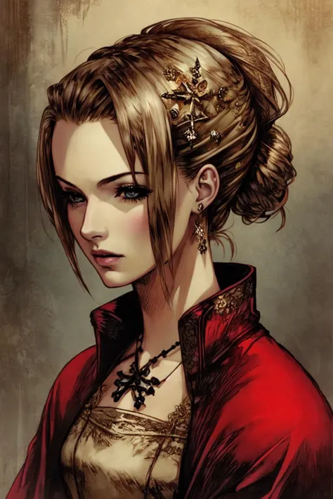 masterpiece,best quality, VagrantStory, 1girl, witch, old woman, updo hairstyle hair, Ruby Red theme, medieval, portrait, <lora:Riot_VagrantStoryV1:0.85>