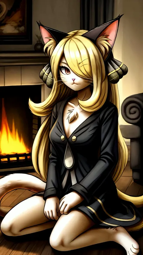 <lora:Cynthia_Pokemon:0.8> Cynthia Pokemon, solo, 1girl, blonde, very long hair, hair ornament, <lora:HairOverOneEye_LOCO_s:0.8> hair over one eye, <lora:FelineDNA:0.8> (felinedna:0.8), cat girl, cat ears, cat tail, body fur, BREAK, living room, fireplace,