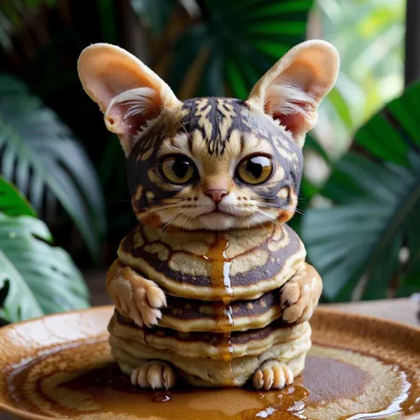 a pancake at jungle, yummy, funny, cute,
<lora:FelineDNA:1> (felinedna:0.8)