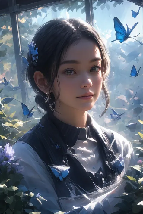 BJ_Teenage_Fantasy,1girl,solo,short_hair,shirt,black_hair,brown_eyes,jewelry,closed_mouth,earrings,necktie,hair_bun,lips,watermark,looking_away,piercing,single_hair_bun,bug,butterfly,portrait,web_address,blue_necktie,nose,blue_butterfly,blinds,
cinematic lighting,strong contrast,high level of detail,Best quality,masterpiece,White background,<lora:Teenage_Fantasy:0.7>,