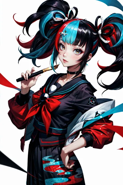 Highly detailed, High Quality, Masterpiece, beautiful, 1girl, solo, ShonagonBase, jacket with blue trim, black shirt, sailor collar, skirt, choker, hairclip, sunglasses, eyewear hang, <lora:Char_Fate_SeiShonagon:0.95>, <lora:Other_MoreDetails:0.5>, Embark on a color rhapsody, with swirling movements, rhythmic brushwork, and harmonious yet unpredictable color combinations that create a composition alive with visual dynamism and chaos