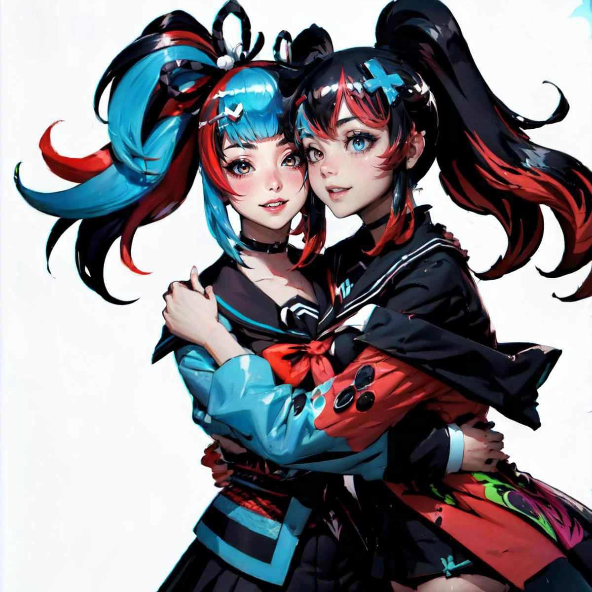 Highly detailed, High Quality, Masterpiece, beautiful, multiple girls, 2girls,
BREAK ShonagonBase, jacket with blue trim, black shirt, sailor collar, skirt, choker, hairclip, <lora:Char_Fate_SeiShonagon:0.95>, hug, smile,
BREAK SwitchchanOutfit, <lora:Char_Meme_Switchchan:0.8>, smile, hug,