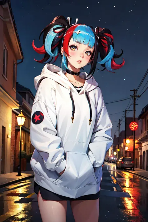 Highly detailed, High Quality, Masterpiece, beautiful, 1girl, solo, ShonagonBase, choker, hairclip, <lora:Char_Fate_SeiShonagon:0.9>, edgNoire, hoodie, ([black dress, short skirt|hoodie]::0.5), <lora:Outfit_NoireHoodies:0.8>, street, lamppost, night, night sky, sky,