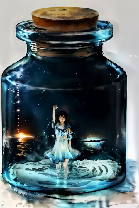 1girl,((bottle.)),Masterpiece,8K,HD,Hyperrealism,Dance,Dress,solo,whole body,random color,extremely complex background,pzsj,<lora:pzsj>,Bathing in the ocean,