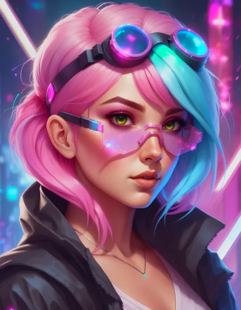 Female Hologram thief, sci fi, 8k, high quality, beautiful, vibrant colors, cyberpunk, goggles, pink hair, rainbow circuits bokeh background, <lora:FaeStyle:0.8>