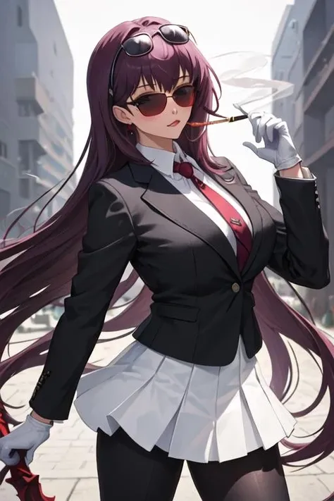 best quality, masterpiece, highres, solo, {black business suit:1.40}, {tie:1.20}, {sunglasses:1.25}, {white gloves:1.15}, {white shirt:1.10}, {black skirt:1.15}, {smoking:1.20}, handsome, {taigei_kantaicollection:1.15}, ahoge, purple_hair, long_hair, red_eyes, twintails, low_twintails, blush, hair_flaps, smile, breasts, serafuku, open_mouth, large_breasts