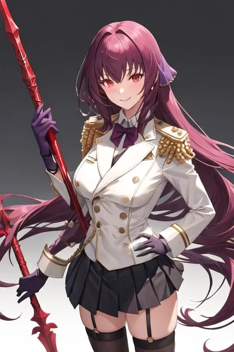 best quality, masterpiece, highres, solo, {scathach_fgo:1.15}, long_hair, purple_hair, red_eyes, breasts, large_breasts, bangs, hair_between_eyes, hair_intakes, 1girl, looking_at_viewer, uniform, alternate_costume, epaulettes, military, military_uniform, skirt, simple_background, buttons, gloves, very_long_hair, white_gloves, black_skirt, gae_bolg_\(fate\), long_sleeves, official_alternate_costume, pleated_skirt, polearm, smile, spear, weapon, white_background