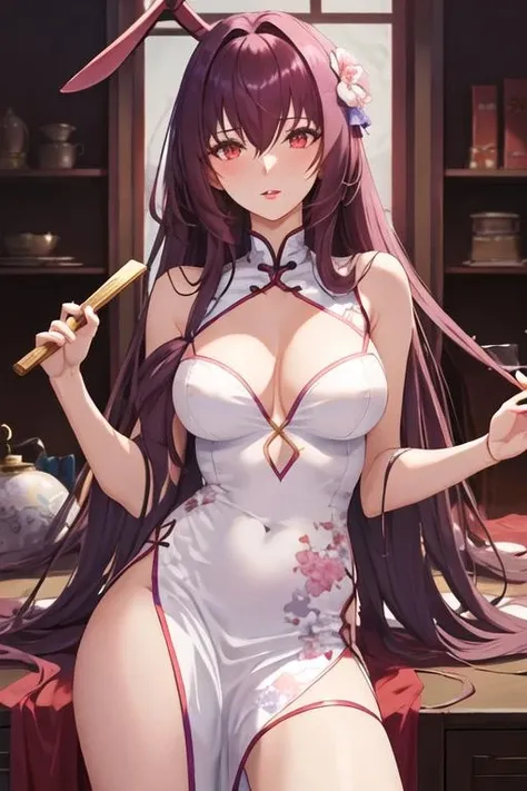 best quality, masterpiece, highres, solo, {scathach_fgo:1.15}, long_hair, purple_hair, red_eyes, breasts, large_breasts, bangs, hair_between_eyes, hair_intakes, 1girl, bare_shoulders, china_dress, chinese_clothes, dress, looking_at_viewer, parted_lips, white_dress, folding_fan, hand_fan