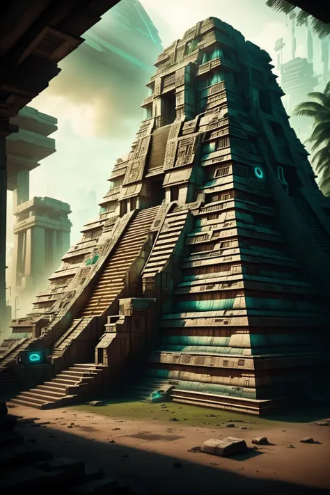 ancient maya -An epic, sweeping scene set against a backdrop of ancient ruins and towering monuments. The scene is shot in high-definition and features hyper-realistic textures and lighting, as well as stunning special effects., cyberpunk art, afrofuturism , cyber_maya