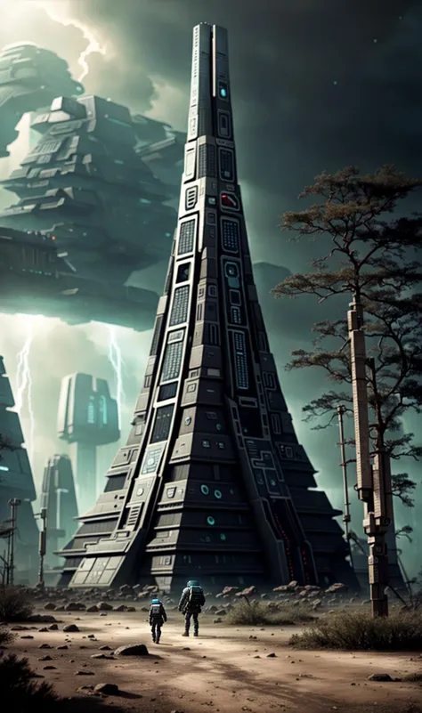 <lora:cyber_maya:0.8>, cyber_maya, cloudy sky, (solitary astronaut:1.1), huge spacecraft flying in the sky, Ash Gray Beige protective gear, body-tight, desolate alien landscape, dead trees, swamp, bushes, lonely, art by Abdul Qadim Haqq, symmetric, eery, frightening, sad, sci-fi, dirty, stained, thunderstorm, lightning, masterpiece, 8k, highest quality, HDR, UHD, battleship, glowing engines, reflections, intricate, alien invasion, crater, wartorn, dust, smoke
