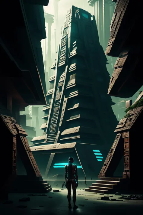 ancient maya a man standing in front of a tree in a building, cyberpunk art, cyber_maya