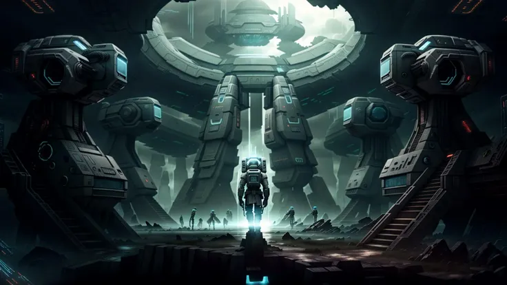 <lora:cyber_maya:0.8>, cyber_maya, cloudy sky, (solitary astronaut:1.1), huge spacecraft flying in the sky, Cool Gray Light blue protective gear, body-tight, desolate alien landscape, dead trees, swamp, bushes, lonely, art by Alan Lee, symmetric, eery, frightening, sad, sci-fi, dirty, stained, thunderstorm, lightning, masterpiece, 8k, highest quality, HDR, UHD, cruiser, glowing engines, reflections, intricate, alien invasion, crater, wartorn, dust, smoke