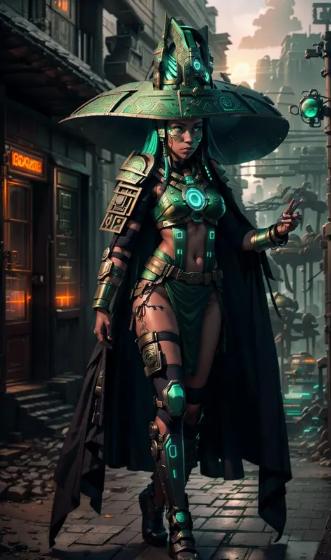 <lora:cyber_maya:0.8>, cyber_maya, adult woman, intricate highly detailed Acid Green Aluminum Antique bronze witch costume, outdoors parade, cityscape, realistic full-body photograph, dynamic pose shot, Salem, Sunset