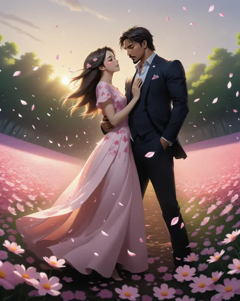 A very beautiful woman with a man in the rays of the setting sun on a flower field, falling sakura petals, ultra detailed, the character is completely in the frame, falling sakura petals, ultra detailed