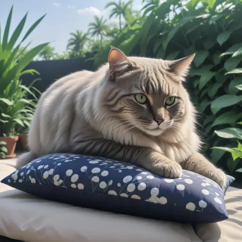 raw photo of a ( thai fluffy huge cat )    on a decorative pillow in the garden, <lora:xl_more_art-full-beta2:0.5>, <lora:add-detail-xl:2>, octane render, highly detailed, volumetric, dramatic lighting