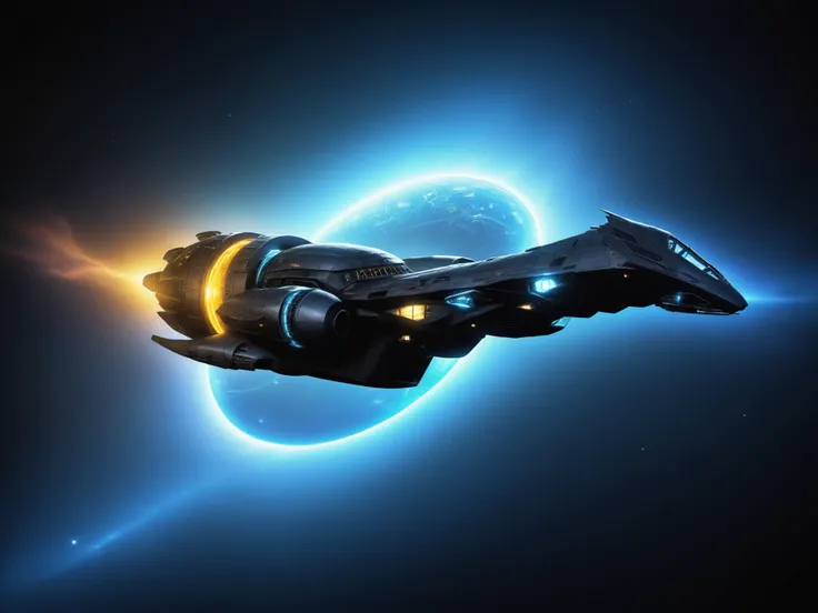Art for Space Exploration Action Films long exposure shot sci-fi epic photo of ffserenity spaceship In dark space, the effect of speed flying in hyperspace, in the background a futuristic ring of alien origin with a bright amber glow emanating from it, the glow waves spread over a long distance, starry celestial style, <lora:Serenity_SDXL:0.7>, <lora:HDRv1:0.5>, <lora:JuggerCineXL2:0.6>, Action Films, often for intense sequences, heroic characters, or adrenaline-fueled excitement., Creating art related to space exploration, often for visualization, inspiration, or scientific collaboration.