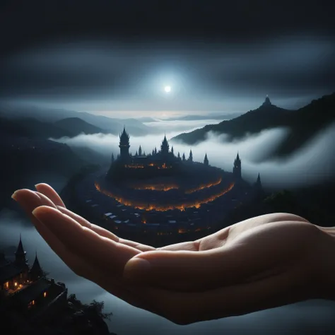 a tiny city in the palm of a human hand, in the background through the darkness you can see the eye of a dragon looking at the town through the fog and darkness that enveloped the tiny town, perfectly drawing hand, insane detailed, crystal clear image