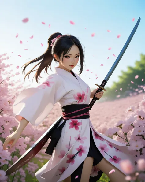 samdoesart style A very beautiful samurai girl in a sparkling kimono with a katana her hands in the rays of the setting sun in a fighting pose on a flower field, falling sakura petals, ultra detailed