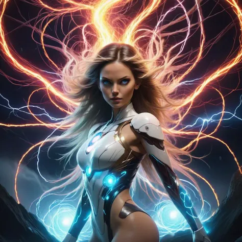 thm style, beautiful woman surrounded by a maelstrom of electrical energy