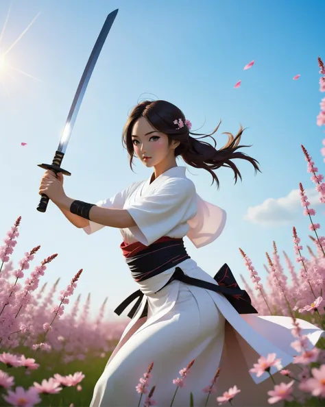 samdoesart style A very beautiful samurai girl in a sparkling kimono with a katana her hands in the rays of the setting sun in a fighting pose on a flower field, falling sakura petals, ultra detailed