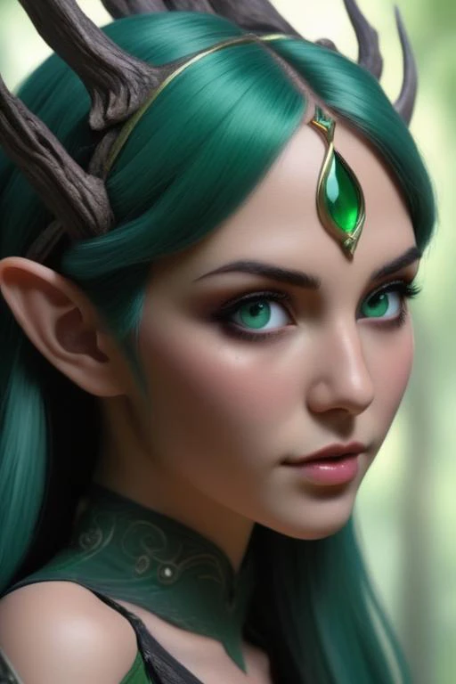 photography of a gothic elf, upper body, green hair, perfect eyes, intricate details, forest, realism, raw photo