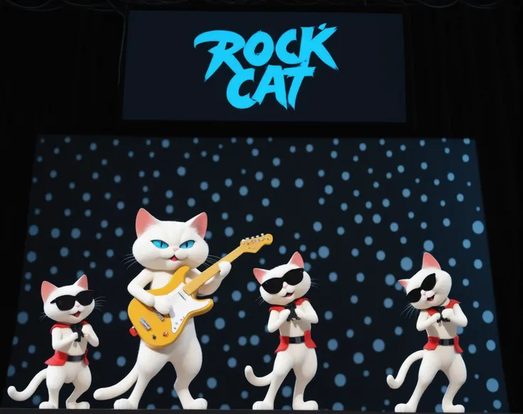 Three an anthropomorphic fluffy Siamese cat dressed as a rock musician playing an electric guitar on stage, in the background a plasma screen with the inscription "ROCK CAT", fireworks on stage, view from the auditorium, audience watching a concert, expression, live stage