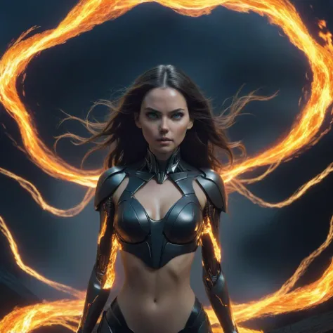 thm style, beautiful woman surrounded by a maelstrom of electrical fire