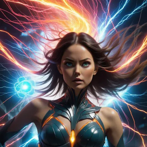 thm style, beautiful woman surrounded by a maelstrom of electrical energy