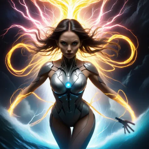 thm style, beautiful woman surrounded by a maelstrom of electrical energy