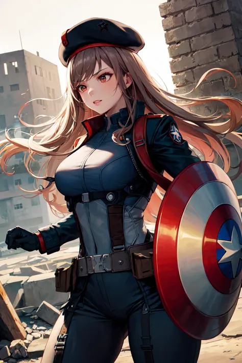 masterpiece, best quality, highres, aarapi, long hair, beret, black headwear, <lora:rapi_(nikke)_v1:0.7>, captain america, fighting stance, cowboy shot, ruins, shield,