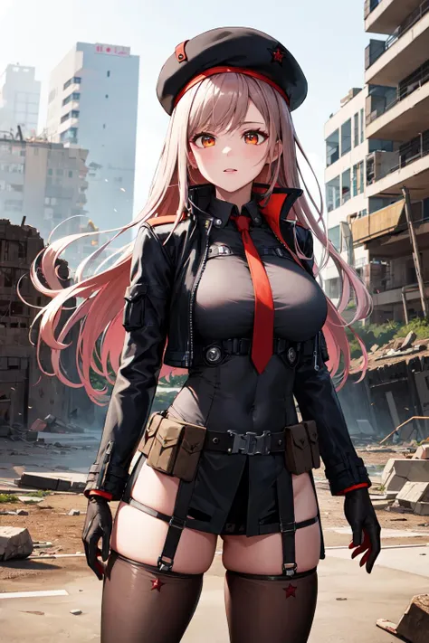 masterpiece, best quality, highres, aarapi, long hair, beret, black headwear, red necktie, black shirt, black leotard, black jacket, cropped jacket, open clothes, long sleeves, gloves, pouch, ammunition belt, black thighhighs, <lora:rapi_(nikke)_v1:0.7>, standing, cowboy shot, ruins, building,