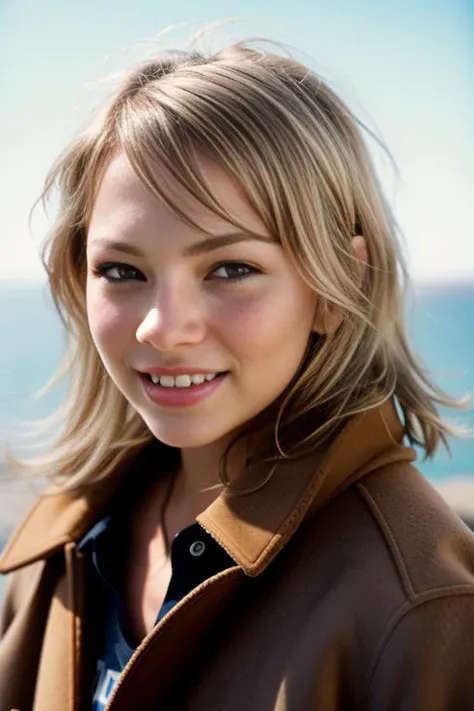 mich3113wi11am5, blonde hair, hazel eyes, teeth, smile, t-shirt, (brown coat:1.3), blue jeans, belt, outdoors, ((pier facing the ocean)), <lora:Michelle_Williams_PMv1_Lora:1>,, ((Portrait Photography)), RAW candid cinema, 16mm, color graded portra 400 film, remarkable color, ultra realistic, textured skin, remarkable detailed pupils, realistic dull skin noise, visible skin detail, skin fuzz, dry skin, shot with cinematic camera