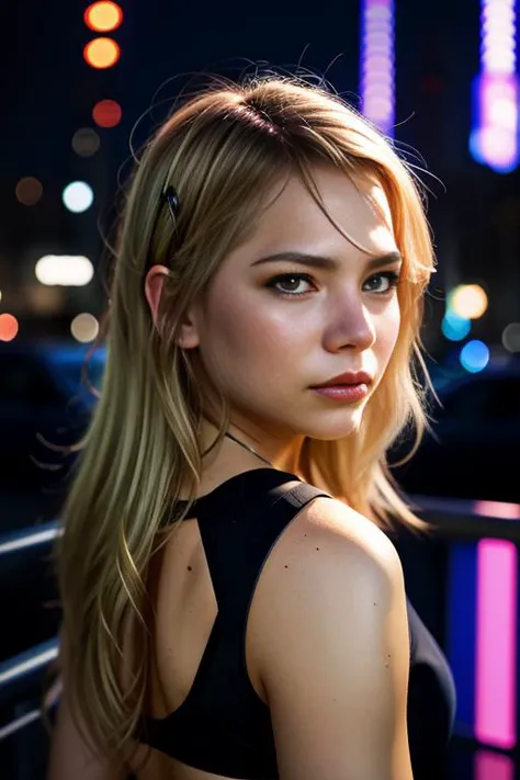 mich3113wi11am5, blonde hair, hazel eyes, wearing holographic cyberpunk clothing, surrounded by neon-lit cityscape reflections, vray render, ray tracing, subsurface scattering, by Josan Gonzalez and Liang Mark (upper body shot), (looking at viewer:1.3), (hyper realistic:1.3), (portrait:1.2), highly detailed eyes, (highly detailed skin:1.3), (freckles:0.6), pores, (4k), back lit, rim light, <lora:Michelle_Williams_PMv1_Lora:1.3>,