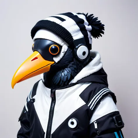 animal, furry, upper body of a cyberpunk raven dressed in striped black and white techwear jacket, beanie <lora:EnvyBadassSliderSDXL01:-1>