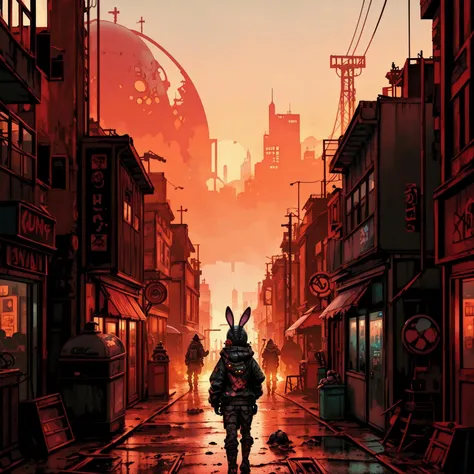 Tiny Tina, ultrarealistic, wearing bunny ears, headphones, hooded sweatshirt, post apocalyptic comic book setting, alien planet science fiction, crowded bazaar, walking towards camera, hands in pockets, (alone), silhouette, late sunset  <lora:TinyTina:0.7>