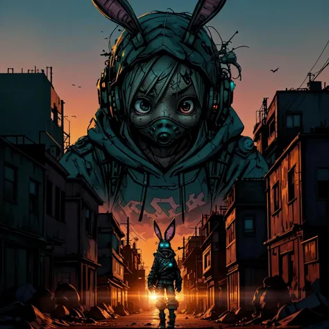 Tiny Tina, ultrarealistic, wearing bunny ears, headphones, hooded sweatshirt, post apocalyptic comic book setting, alien planet science fiction, crowded bazaar, walking towards camera, hands in pockets, (alone), silhouette, late sunset <lora:TinyTina:0.7>