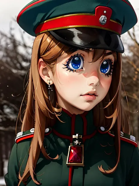 masterpiece,visha, , 1girl, solo, military uniform, , blue eyes, , , brown hair, long hair, , military hat,
 <lora:youjo_senki_Viktoriya_Serebryakov_sd:0.8>