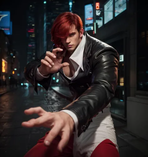 (photorealistic), masterpiece, <lora:IoriYagami-09:0.7> , iorikof, male, (european), solo, ginger, (city at night background), looking at viewer, short hair, long sleeves, 1boy, black jacket, male focus, red hair, pants, hair over one eye, arms up, black jacket, pectorals, , white pants, pectoral cleavage, detailed face, detailed skin,