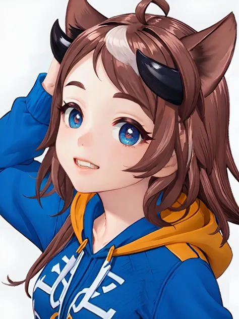 (masterpiece:1.1), (high resolusion:1.2), (illustration:1.05), (ultra detailed 8k art:1.05), (finely detailed beautiful eyes), perfect face, bright pupils, lustrous skin, 1girl, <lora:KeiryVtuber-10:0.7> KeiryVtuber,horse ears,(horns:1),streaked hair,multicolored hair,ahoge,blue eyes,brown hair, (blue hoodie:1) , short shorts, smile, blushed,upper body,