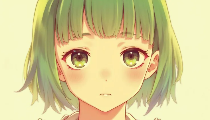 modern anime style, A close-up portrait of a young girl with green hair. Her hair is vibrant and shoulder-length, framing her face softly. She has large, expressive eyes that are slightly tilted upward, with a gentle and calm expression. Her facial features are delicate, with a small nose and soft lips. The background is simple, focusing attention on her face, with soft lighting that highlights her features. The overall style of the illustration is warm and inviting, with a soft color palette and a slightly dreamy atmosphere.