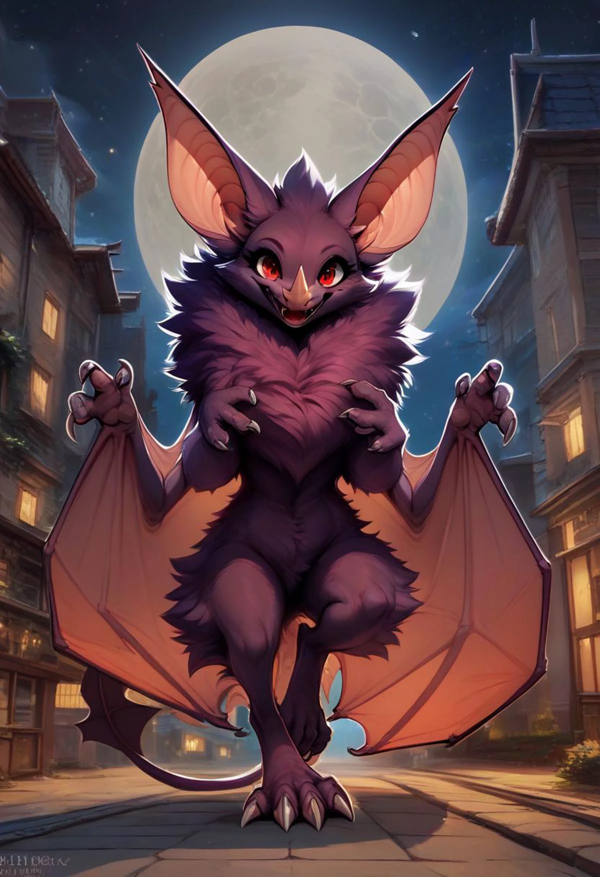 score_9, score_8_up, score_8, (solo), (solo:2), (fluffy:0.8), (feral), outdoors, furry, (((batl))), female, bright red eyes, purple fur, claws, big bat wings, feral bat girl, (fluffy cheeks:0.4), cute, in the style of beatrix potter, cel-shading, fca style, night, moon, (dark:1.5), backlit, (front view:1.3), (full body body shot), look at viewer, smile, flying in the nught sky